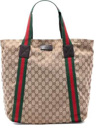 Gucci Borsa tote in tela GG con decorazione Web 2016-2025 - Marrone