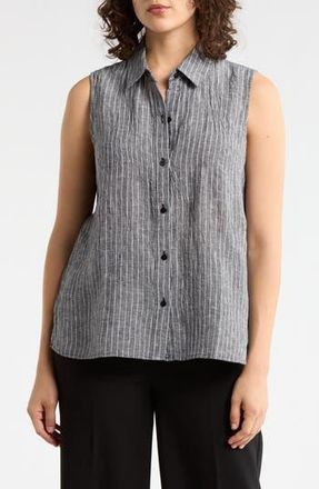 Eileen Fisher Classic Collared Organic Linen Shirt in Black/white at Nordstrom Rack, Size X-Large