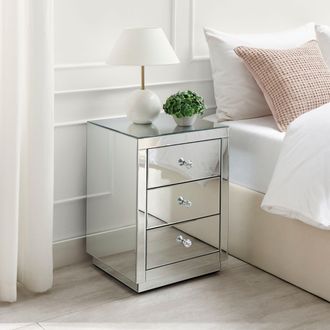Furniturebox Italian Inspired Contemporary Mirrored 3 Drawer Rectangular Bedside Table with Crystaline Shaped Handles in Silver
