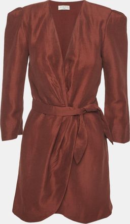 Sandro Brown Linen Blend Mini Wrap Dress