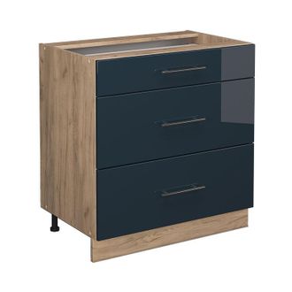 Vicco Mueble Bajo De Cocina Fame-line, Azul Oscuro Alto Brillo, 80 Cm Con 3 Cajones, Sin Encimera Vicco