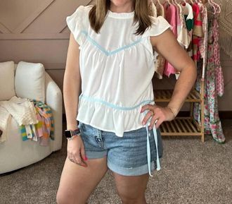Greek Archaic Kori Mock Neck Short Sleeve Contrast Top In White