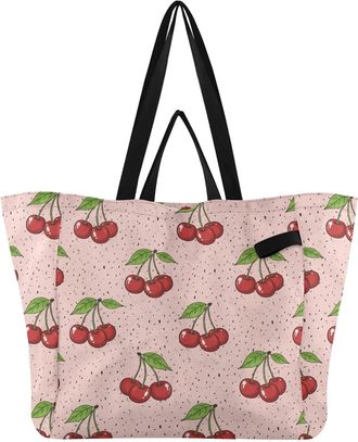 Generic Cherries Leaves Pink print Reusable Canvas Tote Bag, Heavy Duty Grocery Shopping Bag with Hard Bottom Large Capacity Double Handles Work Groceries Tra