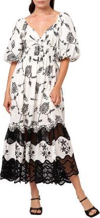 Ciebon Serbita Embroidered Floral Puff Sleeve Cotton Dress in White/black at Nordstrom Rack, Size Small