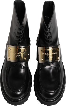 Dolce & Gabbana Mens Black Leather Dg Plaque Lace Up Boots Shoes