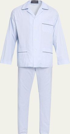 Emanuele Maffeis Mens Cotton Micro-Plaid Long Pajama Set with Piping