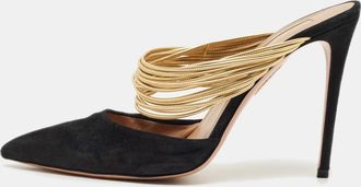 Aquazzura Black/gold Suede And Leather Rendez Vous Pointed Toe Mules