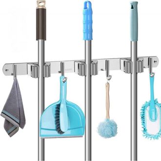 OEM Soporte De Pared Para Escobas Aiperq 304, 3 Ranuras, 4 Ganchos, Soporte De Pared Desmontable De Acero Inoxidable, No Requiere Taladrar, Apto Para Jard