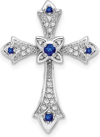 Diamond2Deal 14k White Gold Round Sapphire and Diamond Fleur de Lis Cross Chain Slide