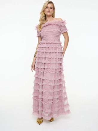 Beauut Ruffle Off-Shoulder Mesh Maxi Dress in Frosted Pink at Nordstrom, Size 2