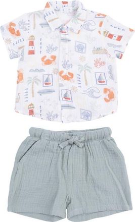 Angel Dear Kids Club Mediterranean Organic Cotton Muslin Snap-Up Shirt & Shorts Set in White Green at Nordstrom, Size 18-24M