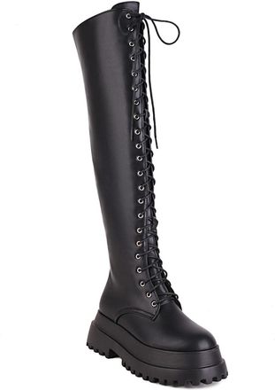 Generic Womens Lace Up Thigh High Boots with Side Zipper Round Toe Platform Long Boots Patent Leather Gothic Punk Boot,Black2,7.5 UK