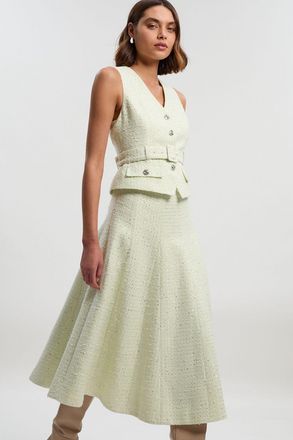 Karen Millen Womens Boucle Tailored Sleeveless Satin Mix Full Skirted Midi Dress - Mint - Size 14 UK