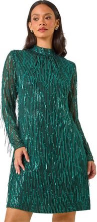 DUSK Womens All Over Fringe Shift Dress - Green - Size 14 UK