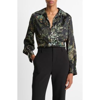Vince Grape Vine Silk Button-Up Shirt in Black Sky at Nordstrom, Size Medium