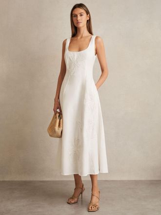 Reiss Womens Cream Cotton Floral Print Midi Dress, Size: 14