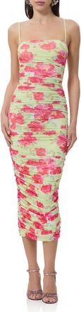 AFRM Hazel Ruched Mesh Midi Dress in Floral Dot at Nordstrom, Size X-Large