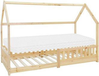 ML Design Lettino per Bambini a Forma di Casa con Sponde Anticaduta Rete a Doghe 90 x 200 cm Letto da Gioco in Legno di Pino Massiccio Naturale Montessori con