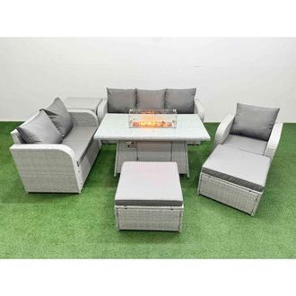 Fimous Fimous Patio PE Wicker 8 Seater Outdoor Rattan Furniture Sofa Sets with Firepit Dining Table Reclining Chair Loveseat Sofa 3 Seater Sofa Stool Light