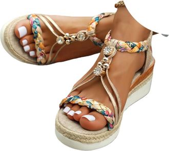 Generic Boho Sandals for women 2026 Dressy Summer Bohemian Flats Elastic Ankle Strap Walking Non Slip Beach Shoes Comfortable Wide Width Platform Wedge Heels 