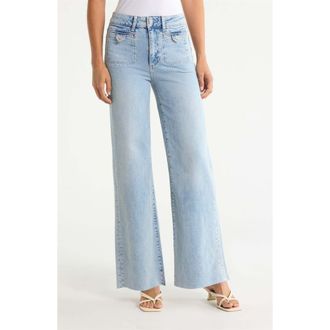 Paige Anessa Button Pocket High Waist Raw Hem Wide Leg Jeans in Canoga at Nordstrom, Size 33
