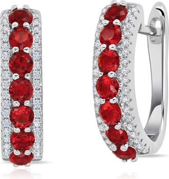 MAX + STONE 925 Sterling Silver Simulated Round Gemstone Hoop Earrings with Hinged Posts