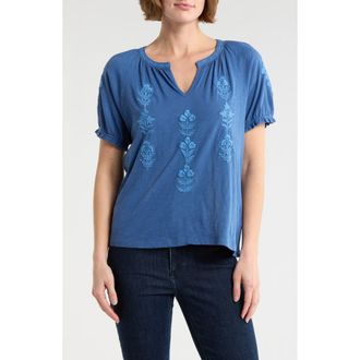 Lucky Brand Embroidered Notch Neck Short Sleeve Tee in True Navy at Nordstrom Rack, Size X-Large