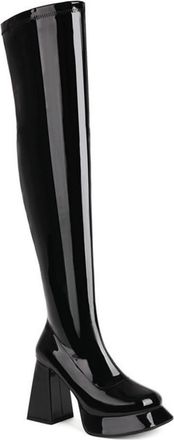 Generic Womens Stretch Thigh High Boots Platform Square Toe Chunky Block Heels Side Zipper Wide Calf Fashion Performance shoes (Black,5.5)