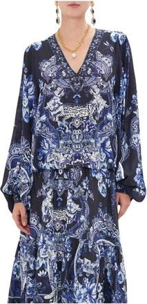 Camilla Blouse met V-hals en Ballonmouwen - Dames - Blouses - Blauw - L - Overhemden