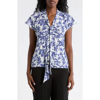 Nordstrom Rack Tie Neck Flutter Sleeve Top in Ivory- Blue Aruba Abstract at Nordstrom Rack, Size X-Small