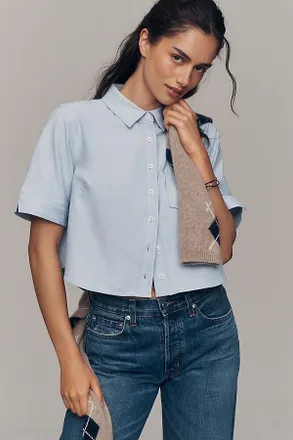 Maeve Short-Sleeve Cropped Buttondown Top