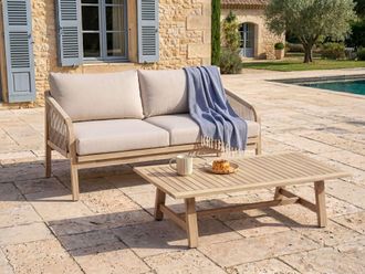 Beliani Conjunto De Jard&iacute;n Moderno De 2 Piezas Sof&aacute; Con Mesa De Centro De Madera De Acacia Con Cojines Beige Claro Sumba
