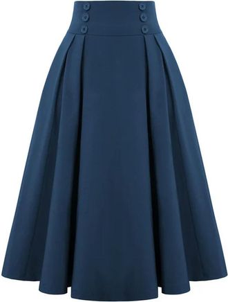 Generic Womens Checked midi Skirt, high Waist Pleated Skirt with Pockets, Elegant Flared Skirt, Elastic Waist-Navy Blue-XL