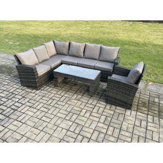 Fimous Fimous - 7 Seat Rattan Garden Furniture Corner Sofa Set Outdoor Patio Chair Sofa Table Set Dark Grey Mixed