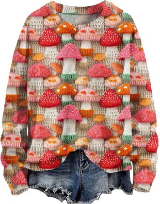 Generic Pink Palm Puff Hoodie Sweaters for Women UK Christmas Jumpers for Women Plus Size Long Sleeve Knit Sweater Fashion Christmas Artistic Print Sweatshirt