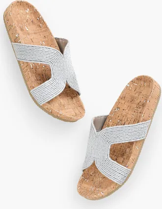 Talbots Malia Metallic Woven Raffia Slides - Silver - 10M Talbots