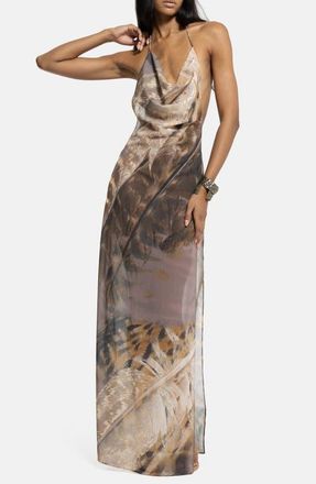 Jaded London Feather Print Halter Neck Slipdress in Brown at Nordstrom, Size 12