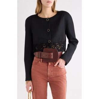 Chlo&eacute; Lace Trim Crop Wool Grain de Poudre Jacket in Black at Nordstrom, Size 40