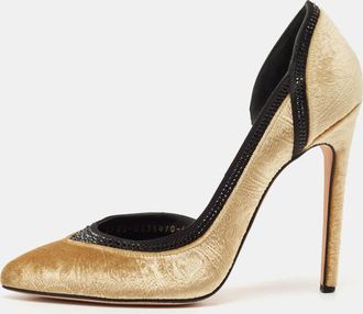 Gina Gold Paisley Print Velvet Crystals Embellished Dorsay Pumps