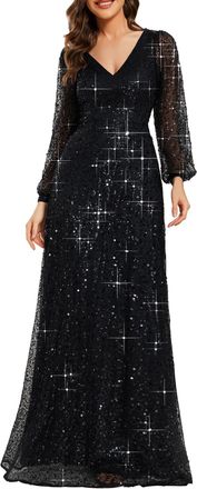 Ever-pretty Womens Sequin A-Line V Neck Long Sheer Sleeves Tulle Evening Prom Dresses Black 28UK