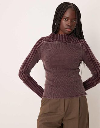 Free People Breezy - Maglia a maniche lunghe accollata color uva vintage a coste-Rosso