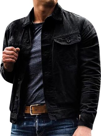 Generic Mens Stone Wash Jacket Men Cotton Jacket Slim Fit Casual Coat Destroying Washed Jackets Loose Fit Leisure Jackets Vintage Style Workwear Button-Down O