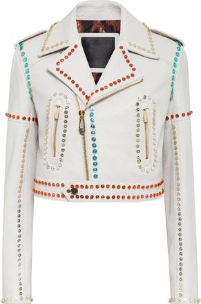 Philipp Plein Nappa Crop Perfecto - Dames - Leren en Su&egrave;de Jassen - Wit - XS - Leer - Jassen