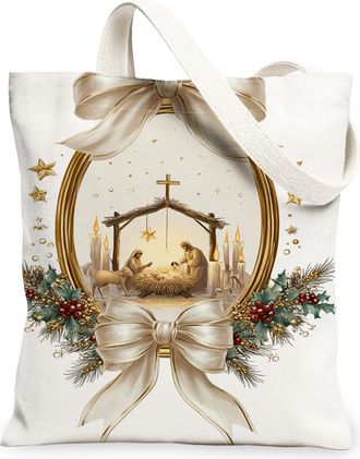 Generic Christmas Nativity Canvas Tote Bags, Holiday Scene Reusable Grocery Bags, Vintage Rustic Lightweight Washable Shoulder Stra, White, 13x15 Inch