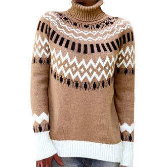 Generic Fairisle Jumper Women Trendy Plus Size Polo Neck Jumpers Fair Isle Roll Neck Knitted Sweaters Winter Thermal Warm Pullover Sweaters Festive Knitwear,Z