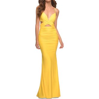 La Femme Long Jersey Gown with Front and Side Cutouts in Yellow at Nordstrom, Size 00