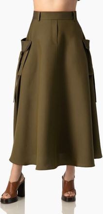 Ivonne Cargo A-Line, High-Waist Pocket Midi Skirt in Structured Twill in Olive Green at Nordstrom, Size 14