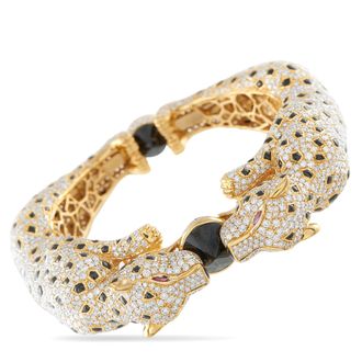 Luxury Bazaar 18K Yellow Gold 19.53 ct Diamond and Onyx Panther Duo Bangle Bracelet MF04-012326