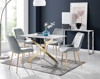 Furniturebox Leonardo White Glass Marble Effect Gold Leg Table & 4 Pesaro Gold Leg Chairs in Grey