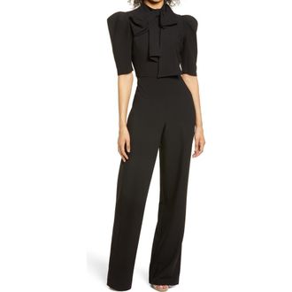 Black Halo Ara Tie Neck Puff Sleeve Jumpsuit at Nordstrom, Size 0